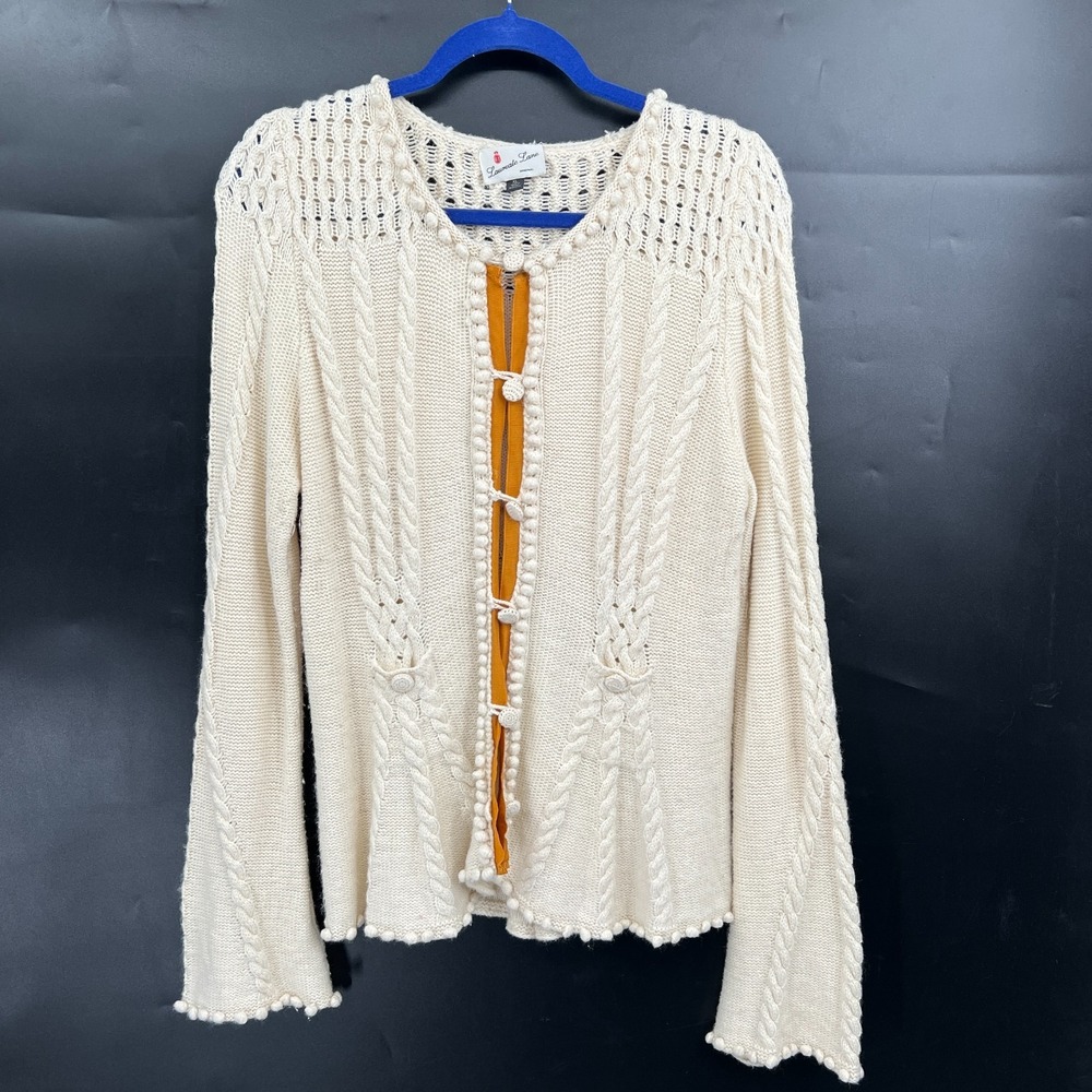 Anthropologie Laureate Lane retro grandma sweater cable knit pom pom XL - Picture 12 of 13
